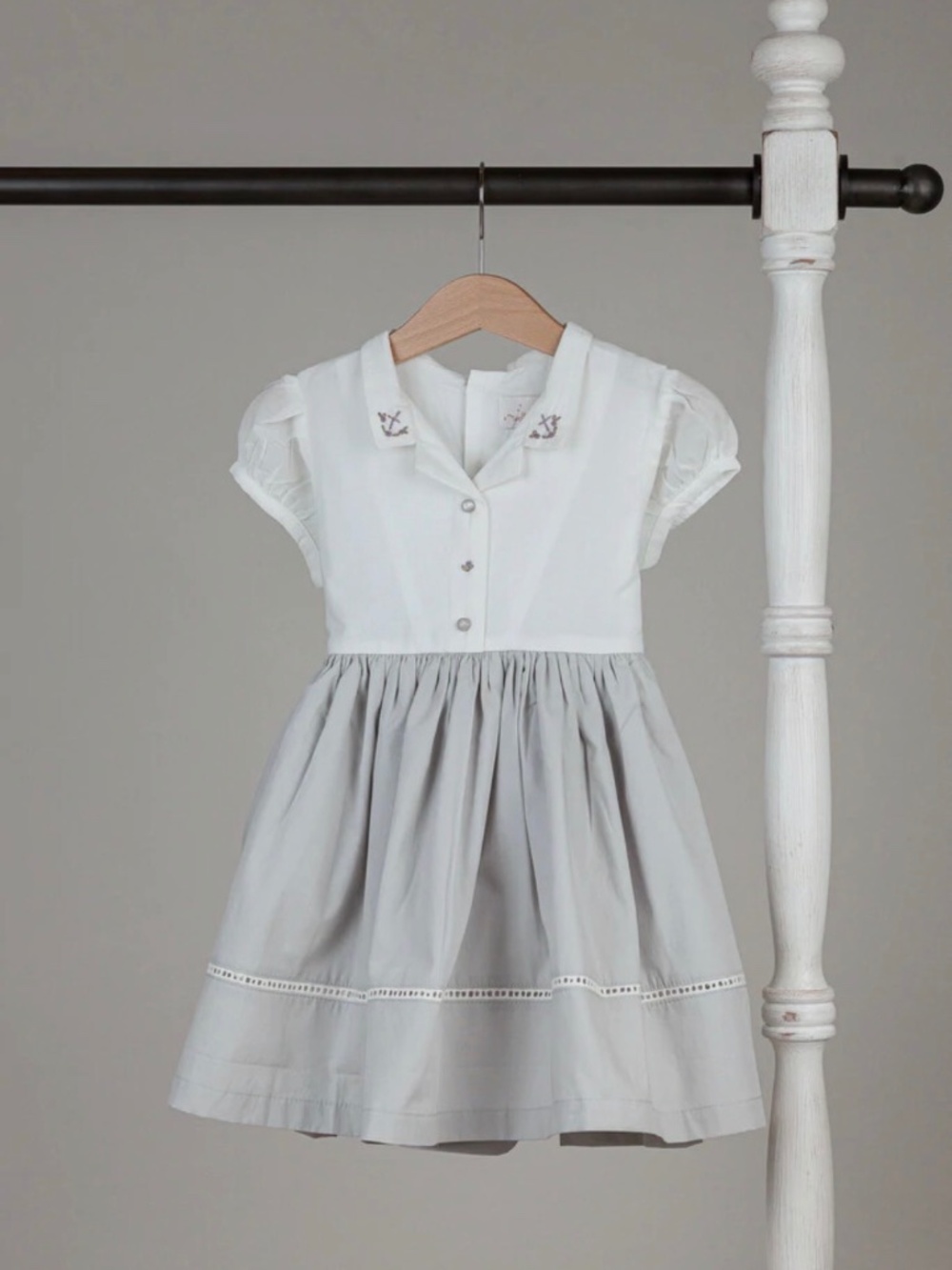 Well Dressed Wolf white puff sleeve light gray dress with cross embroidered coll